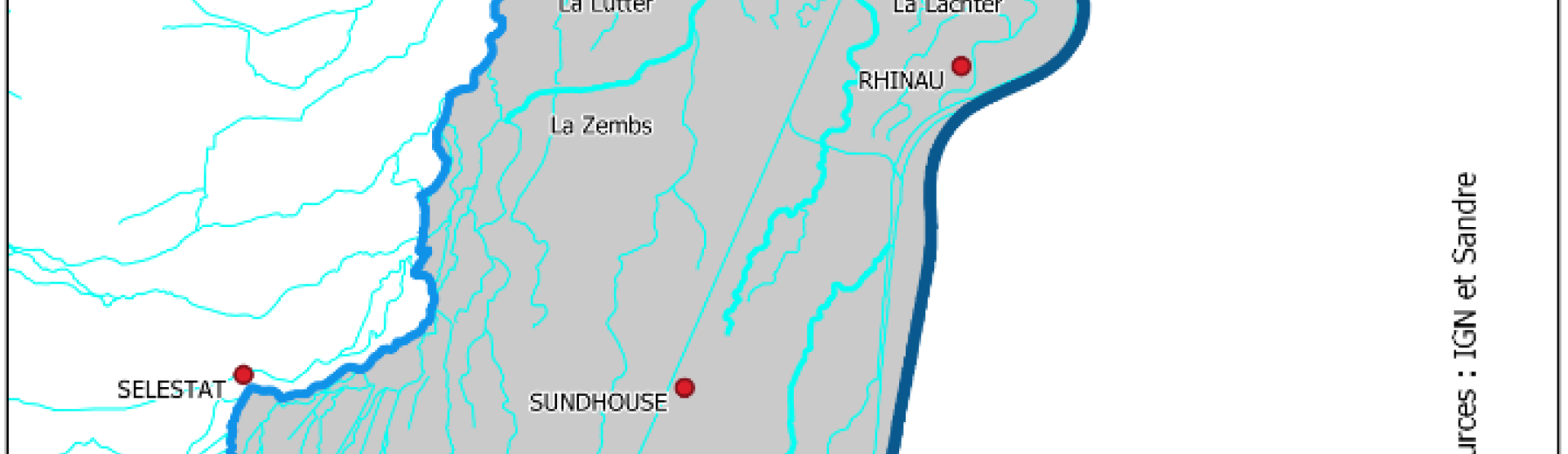 Carte de localisation du Grand Ried Central d’Alsace et des quatre rivières étudiées - MERELLE