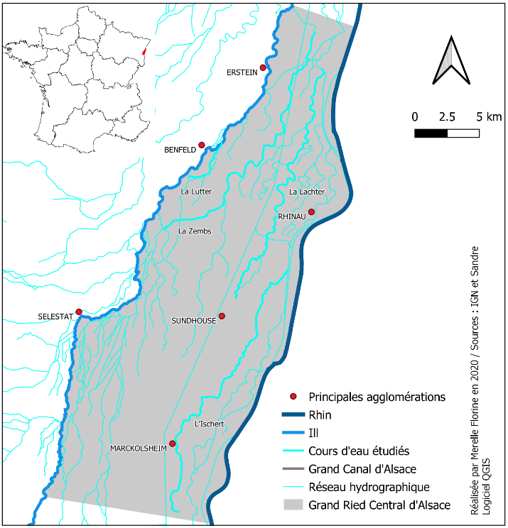 Carte de localisation du Grand Ried Central d’Alsace et des quatre rivières étudiées - MERELLE